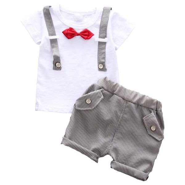 

clothing sets 2021 summer baby gentleman outfits infant boy cotton necktie short sleeve t-shirt + shorts kids casual 6m-4y, White