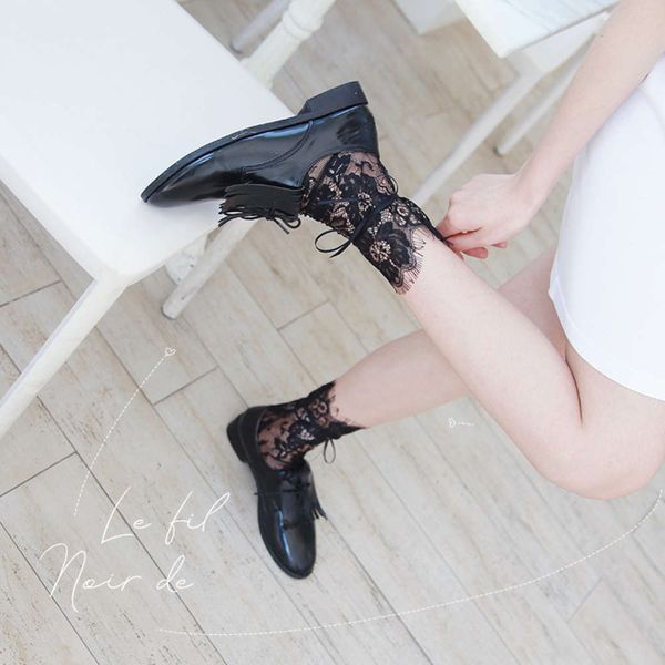 

wang xiaozhen's soft bandage in spring and summer perspective eyelashes lace sailor socks bow female, Black;white