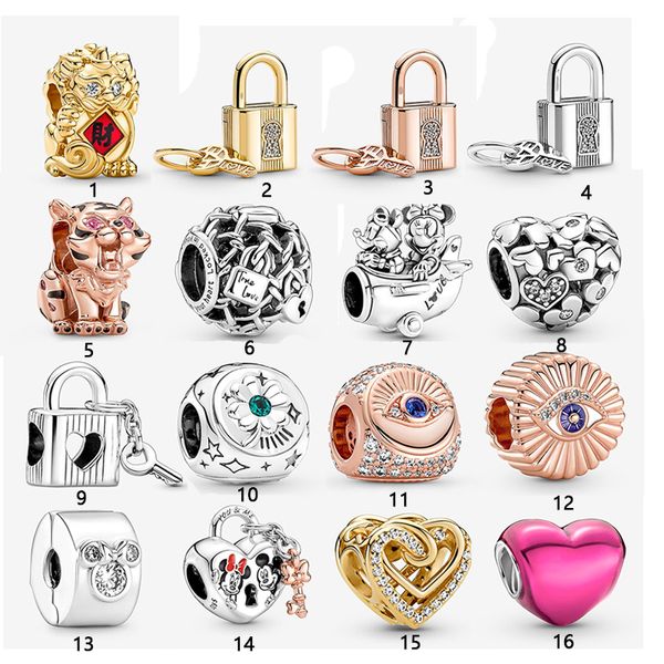 

new 925 sterling silver fit pandora charms bracelets love heart padlock tiger pixiu mouse ese charm for european women wedding original fash, Golden;silver