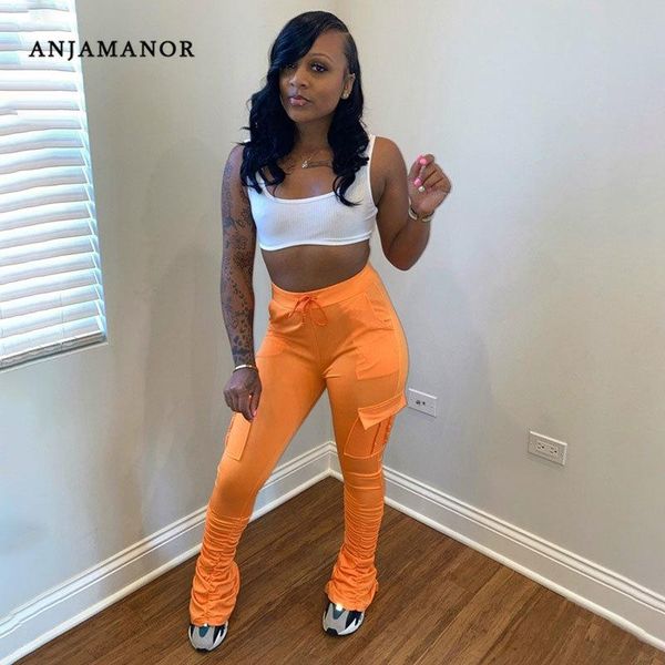 

women's pants & capris anjamanor high waist pleated stacked leggings with pockets fall 2021 sweatpants women sporty flare leg d45-ca36, Black;white