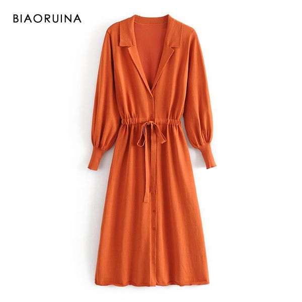 

casual dresses biaoruina women's orange single breasted v-neck knit midi dress long lantern sleeve office lady high waist chic vestido, Black;gray