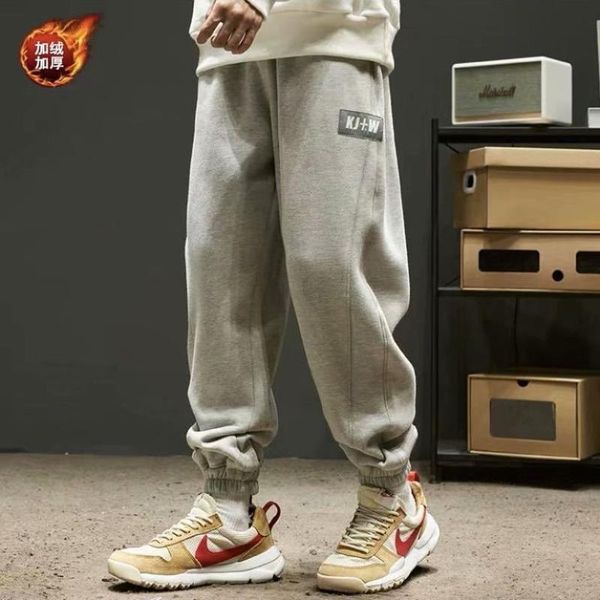 

japanese fashion winter casual sports pants men's loose sports pants plus velvet thick gray guard harlan trousers, Black