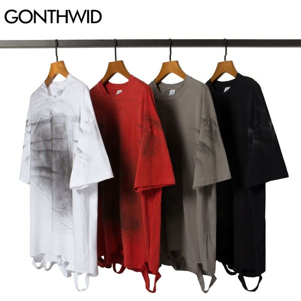 

gonthwid high street tees shirts ripped destroyed holes distressed tshirts streetwear hip hop short sleeve casual cotton c0315, White;black