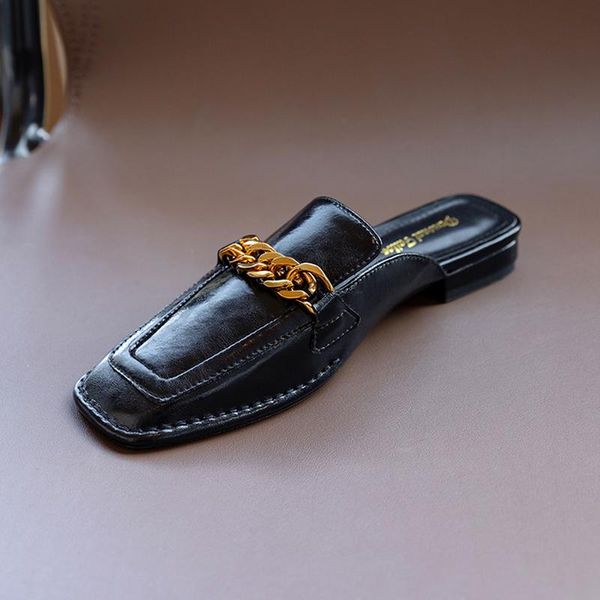 

slippers qzyerai 2021 summer women decoration shoes ladies sandals genuine leather solid slipppers designer, Black