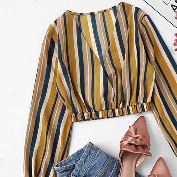 

women striped chiffon long sleeve blouse v neck crop daily made of materials very beautiful blouse 20, White