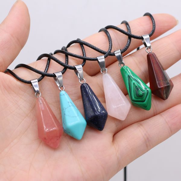 

natural stone tiger eye stone turquoise opal pendant necklaces for women reiki heal crystal pendulum charms leather rope necklace, Silver