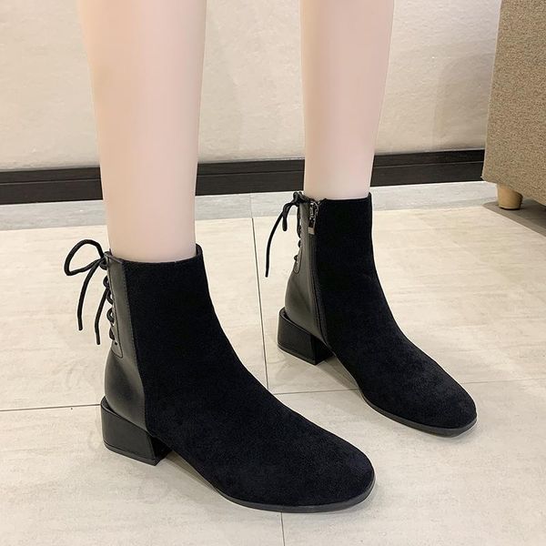 

boots women's fashion 2021 autumn high-heel round head zipper lace-up ankle casual square heel, Black