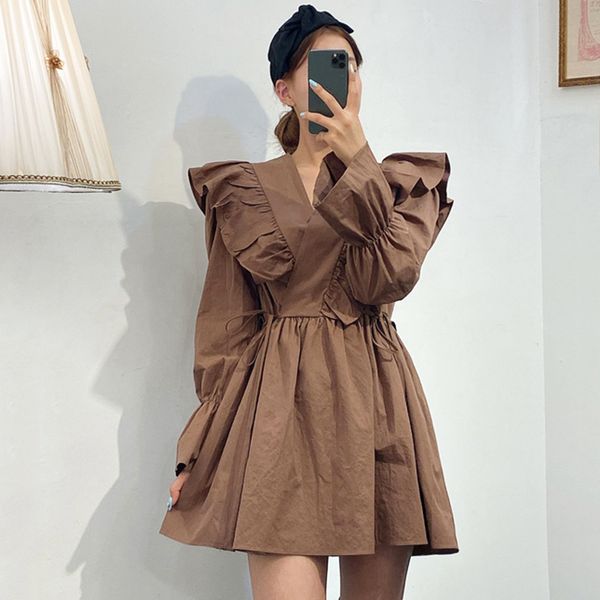 

[ewq] spring new sweet long sleeve v-neck flare sleeve women dresses korea style ruffles shangp ladies shirt dress qz44100 210309, Black;gray