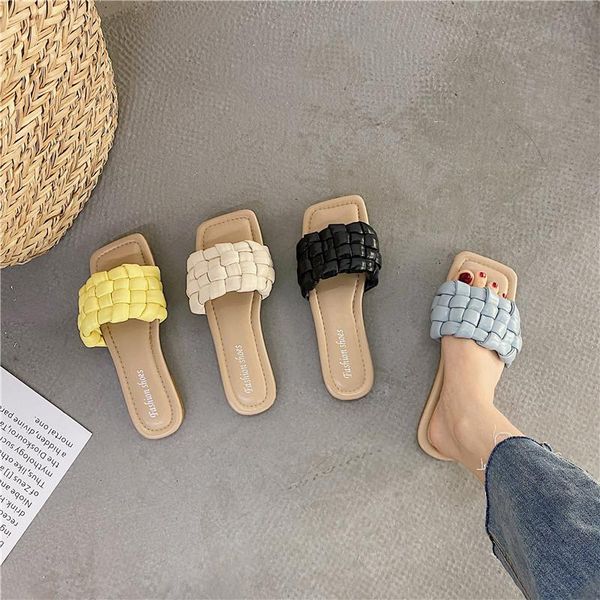 

slippers vertvie weave women square toe flat casual shoes slides 2021 summer flip flops beach sandal girls, Black