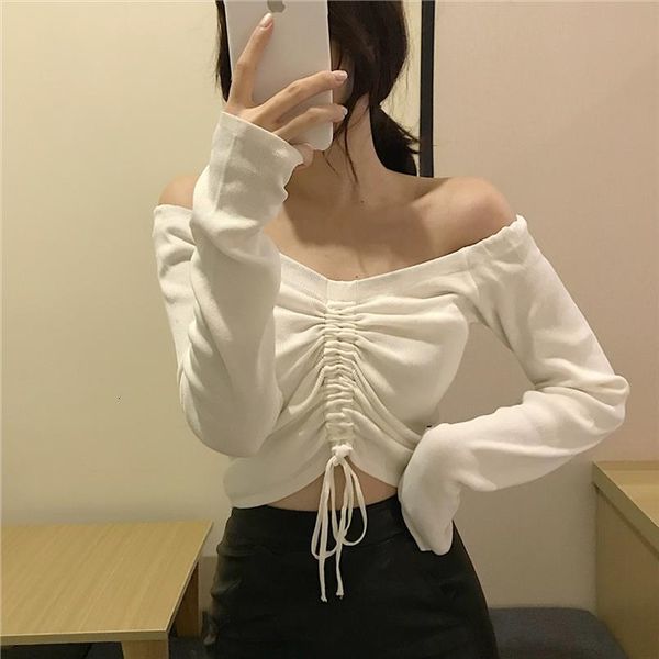 

fashion off shoulder womens sweaters women long sleeve solid color strapless drawstring slash neck shirts blouses female, White;black