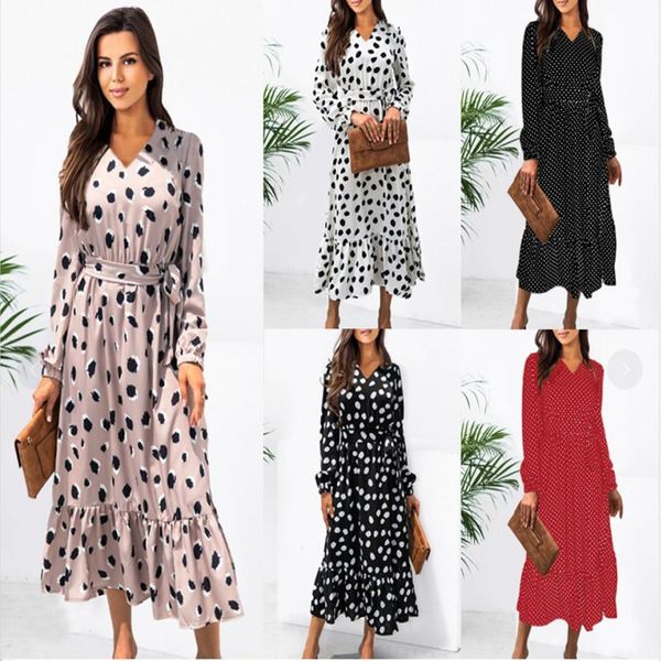 

casual dresses autumn women's slim v-neck slit lace-up dress retro polka dot ruffled maxi ladies long sleeve beach, Black;gray