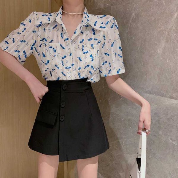 

summer casual women printed short-sleeved turn down collar shirt + high-waisted irregular a-line culottes 210531, White