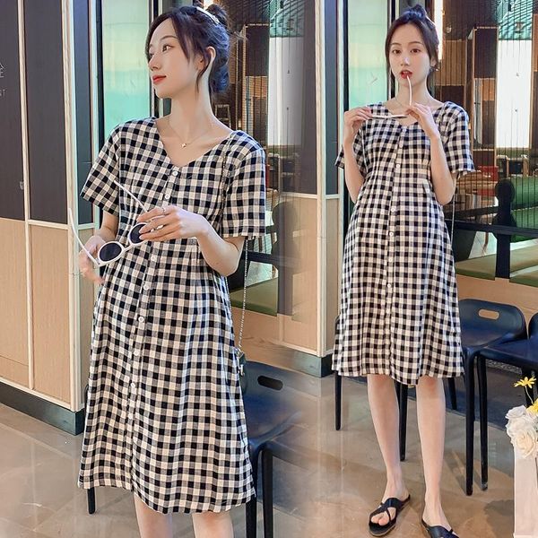 

maternity dresses 6002# summer korean fashion plaid loose dress chic ins v neck slim clothes for pregnant women casual pregnancy, White