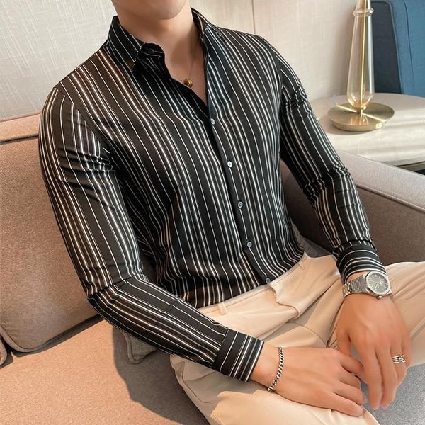 

men's casual shirts 2021 autumn triped men long sleeve slim shirt male business formal dress social office camisa masculina, White;black