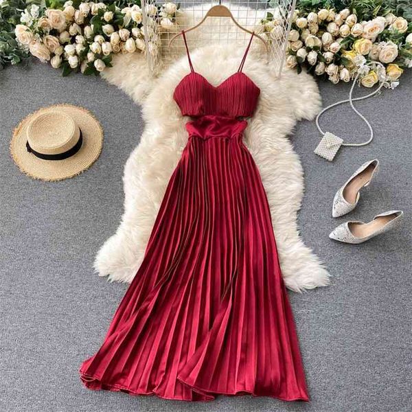 

elegant vintage spaghetti strap long dress spring fall hollow out waist backless evening party pleated 210603, Black;gray