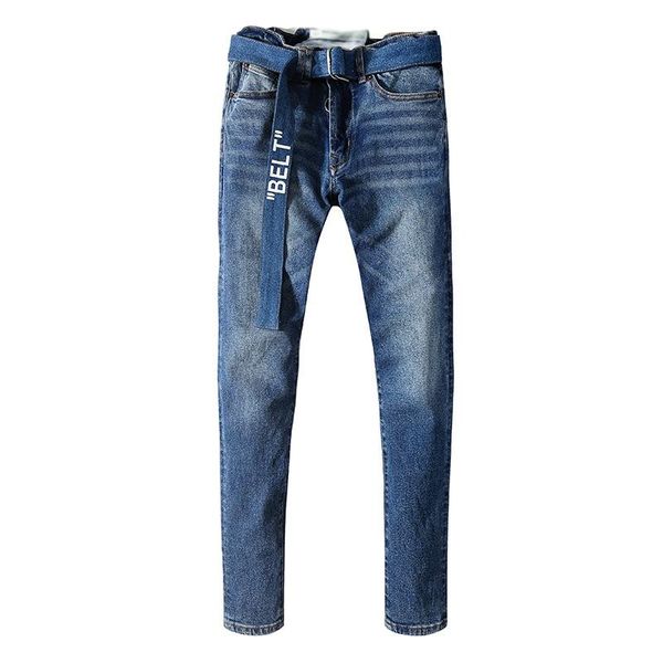 

men's jeans male fashion casual autumn style blue trousers trendy printed belt slim denim pants