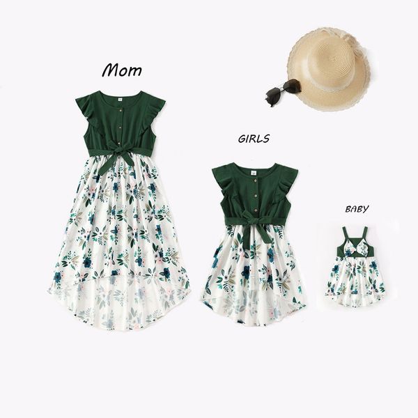 

2021 new summer family matching clothes dress floral ruffles bow mom and baby girl matching clothes e2011, Blue