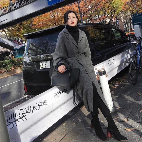 

women's wool & blends autumn winter woolen long coat england style warm office lady street wear korea, Black