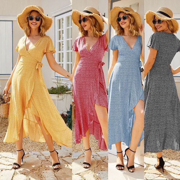 

2021 new summer v neck short sleeve women's maxi fashion bohemia empire floral print irregular party lady vestidos qiwr, Black;gray