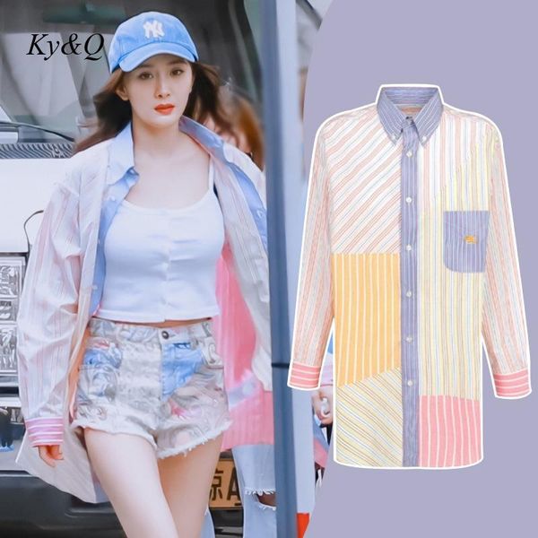 

women's blouses & shirts trend brand 2021 chic design color stripe long sleeve shirt casual loose summer sunscreen medium splicing, White
