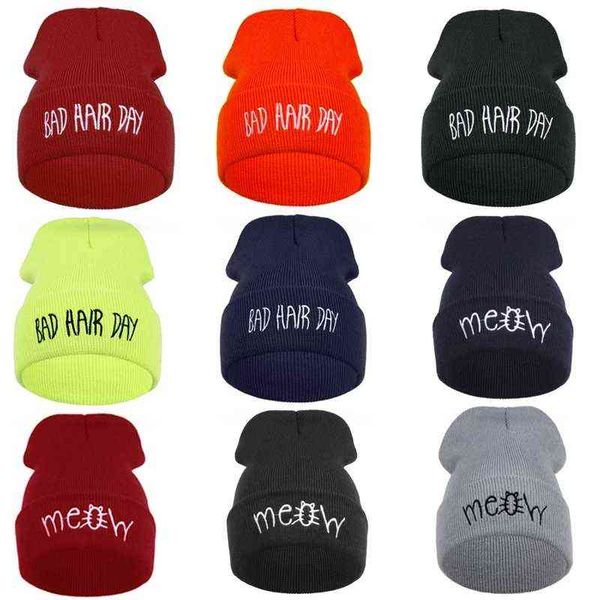 Beanies Kadınlar Kış Şapka Unisex Örgü Şapkalar Sonbahar Hip Hop Örme Bonnet Nakış Kötü Saç Günü Beanies Erkekler Için Yetişkin Kap Y21111