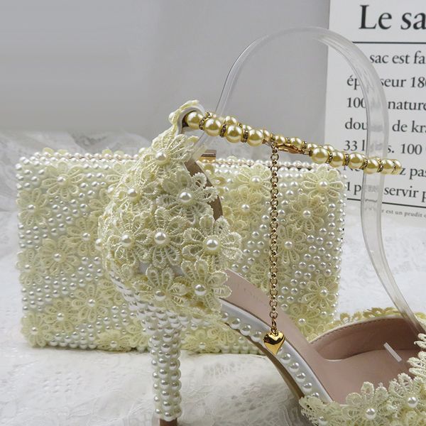 

fashion lace flower wedding shoes matching bags high heels toe strap ladies party shoe and set pearl txf9, Black