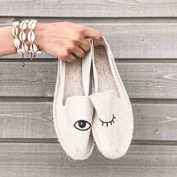 

dress shoes insta street style winking eye embroidery women espadrilles flats summer slip on casual flat woman hemp sole canvas uadl, Black