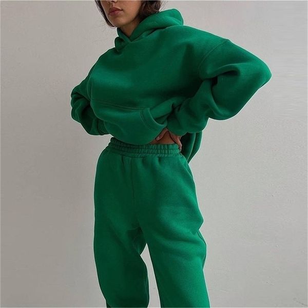 

fleece women's tracksuit hoodies two piece sets winter oversized long sleeve joggers pants suit female lady sportswear set 211119, White