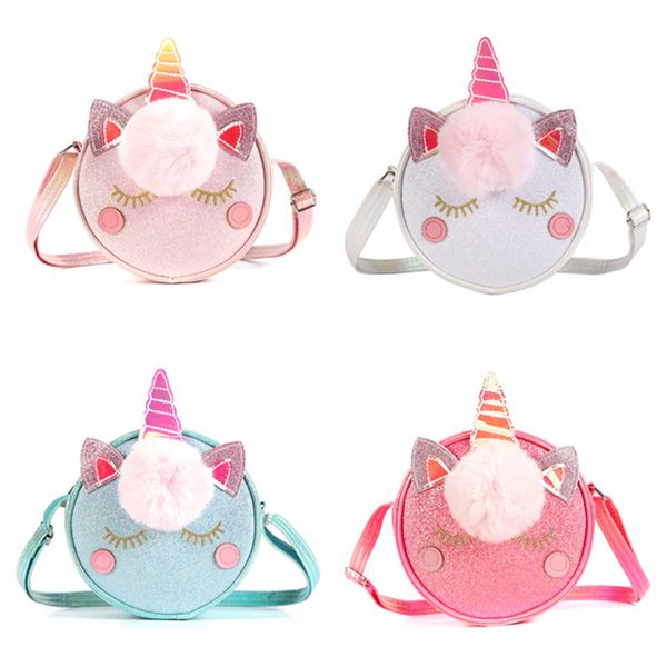 

gilter unicorn crossbody messager bag baby girls cute cartoon handbag totes with pompom fashion kids shining powder shoulder storage bags tr, Black