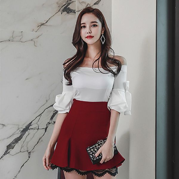 

2021 new summer women's fashion 2 piece sets slash neck plaid shirts + high waist bow a-line two-piece lady girls skirt suits ht6q, White