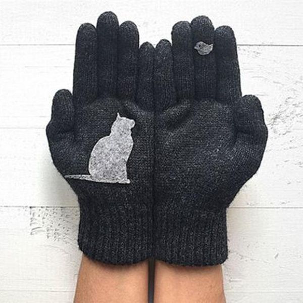 

five fingers gloves winter warm cold cashmere thick cartoon cat print wool knitted full finger men fashion women, Blue;gray
