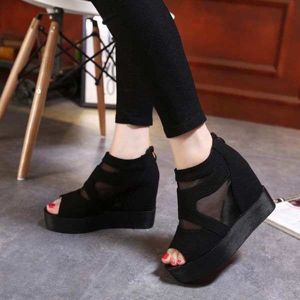 

2021 spring mesh gauze wedge shoes women muffin shoes thick bottom fish mouth ultra-high heel increased fashion women's, Black