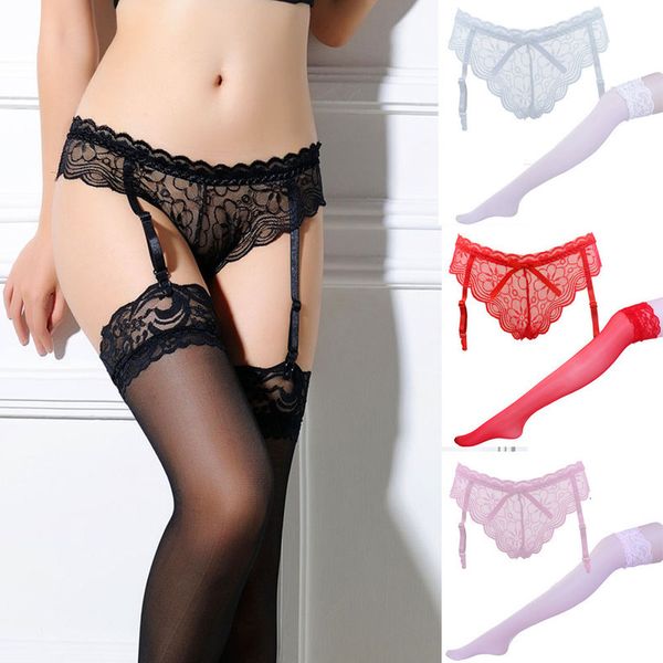 

women dij high garter belt leg elasticity ee sitting legs jarretels underwear transparent panties set, Black;white