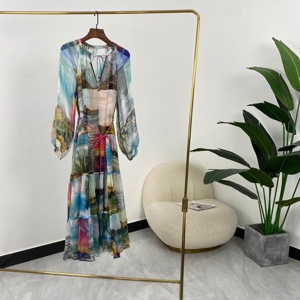 

casual dresses silk summer women fashion a-line scenery print raglan sleeve mid-calf, Black;gray