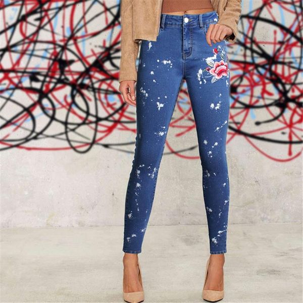 

women's jeans european and american embroidery slim female embroidered personality paint point spray dyed pants short feet, Blue