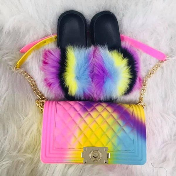 

2021 fur slides and purse set furry sandal bag fur slippers woman elegant cute lady shoes handbag claquette fourrure sandale, Black