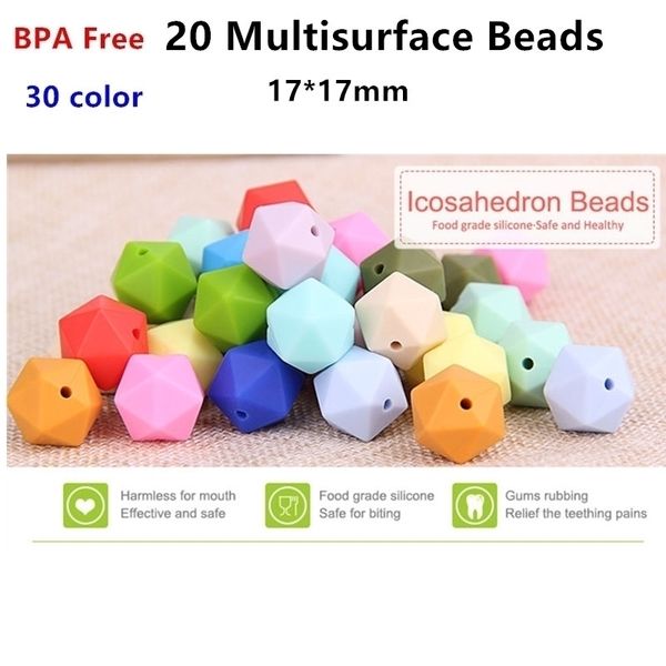 100 stücke 17mm BPA Lose Silikon 20 seite Multisurface Beißring Perlen DIY Baby Dusche Schnuller Ikosaeder Zahnen Sensorischen spielzeug