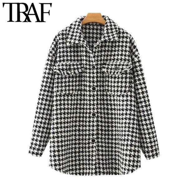 

traf women fashion oversized houndstooth frayed tweed jaet coat vintage long sleeve poets female outerwear chic top, Black