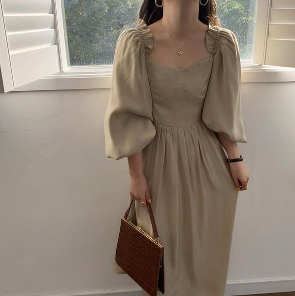 

casual dresses 2021 autumn romantic french retro light ripe tencel lantern sleeve square neck temperament high waist dress, Black;gray