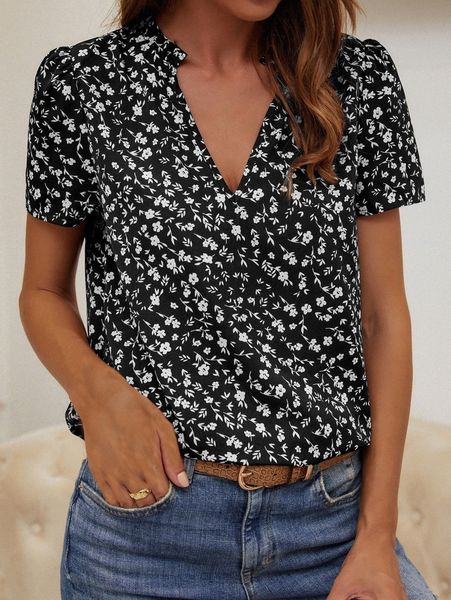 

ditsy floral puff sleeve notch neck blouse z2a9#, White