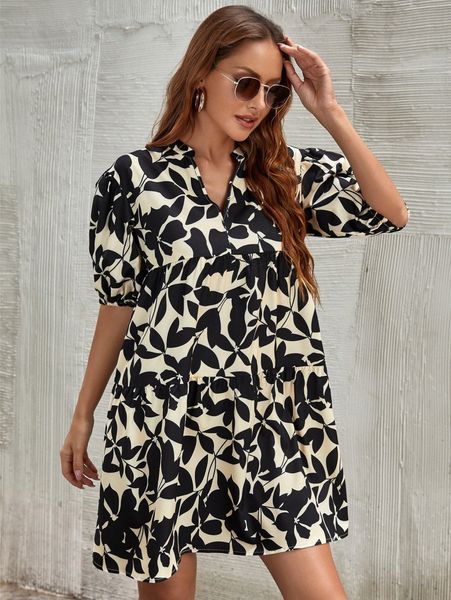 

allover plants print puff sleeve smock dress 46bp#, Black;gray