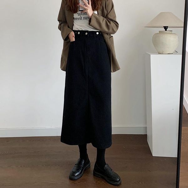 

new 2021 skirt spring summer women vintage denim midi wrap high waist sheath jeans skirts, Black
