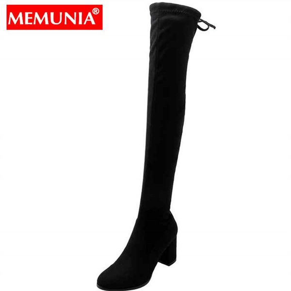 

boots memunia plus size 34-43 stretch women square high heels black solid color fashion long winter thigh