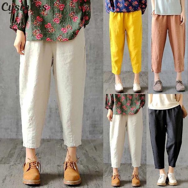 

linen pants oversized autumn casual womens short pant loose fabric cotton solid color female harem, White;black