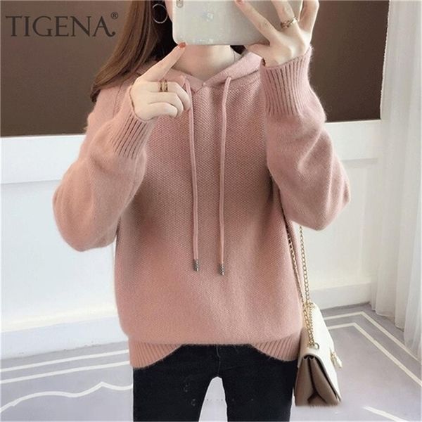 

tigena women knitted hoodies sweatshirt autumn winter korean long sleeve sweatshirt female pink red blue kpop 201216, Black
