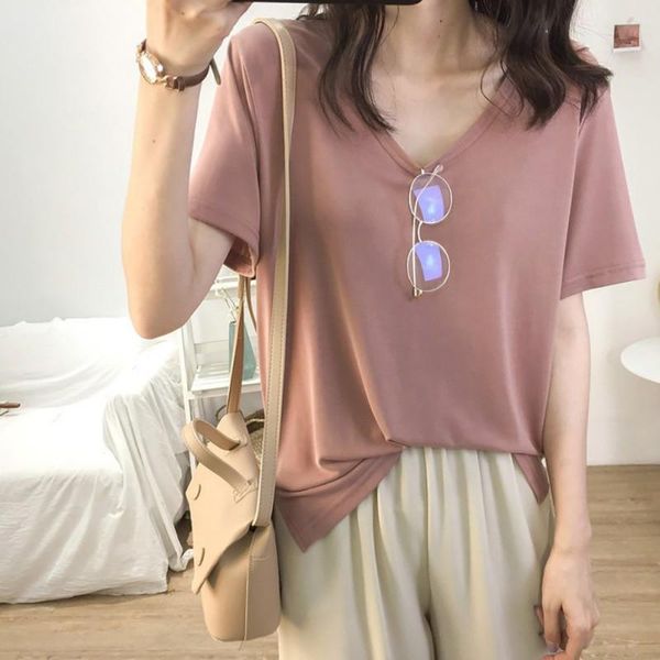 

women's t-shirt simple casual solid color women t shirts female fashion loose classic v-neck design short sleeve, White