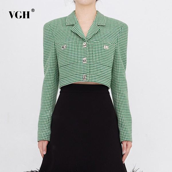 

women's suits & blazers vgh houndstooth dual pocket korean short green female blazer notched long sleeve jacket spring fashion 2021 clo, White;black