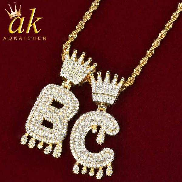 Colares pendentes Crown Prown Prown Iniciais Bubble Letters Chain com corda para mulheres cor de ouro cúbico jóias de hip hop de zirpão