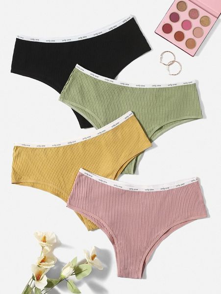 

4pack plus ribbed letter trim panty x4wf#, Black;white