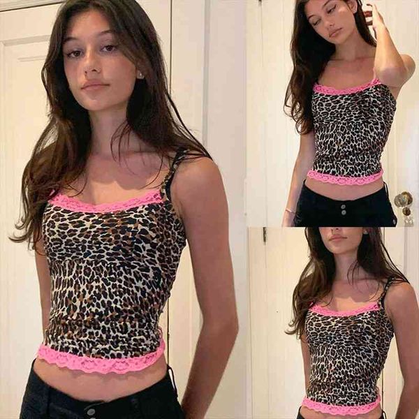 

patcwhork lace leopard women tanks spaghetti strap sleeveless 90s crop-tee frill y2k cami for girl summer streetwear, White